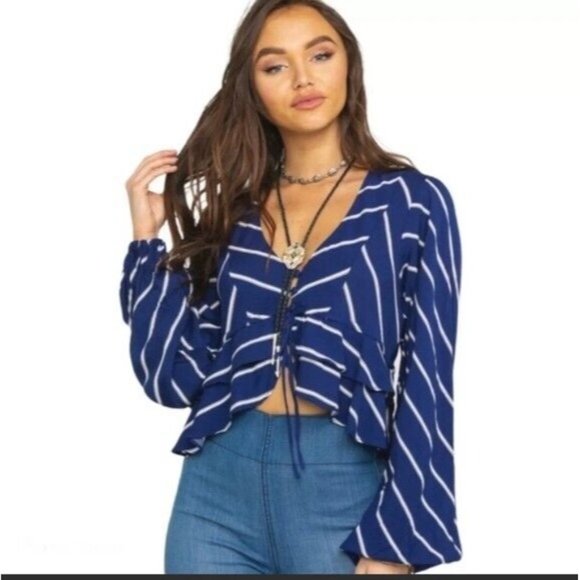 Free People Top Samifran Blue Stripe V Neck Button Long Sleeve - Picture 2 of 12